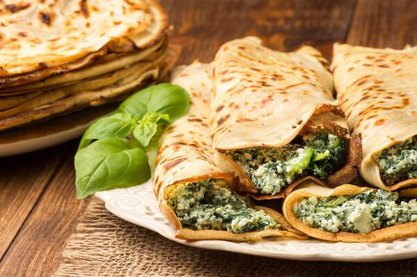Pancakes with feta and greens