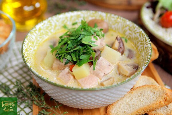 Käsesuppe mit Pute und Champignons