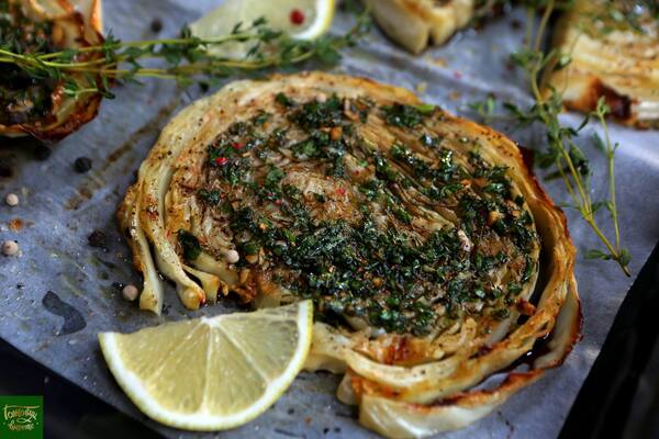 Baked cabbage with lemon-herb dressing